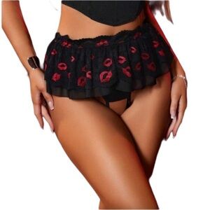 Elegant Black and Red Lips Crotchless Ruffled Lingerie Panty Set